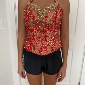 Custom Pageant Halter Top Heavily Stoned - Red and Gold, Size 0